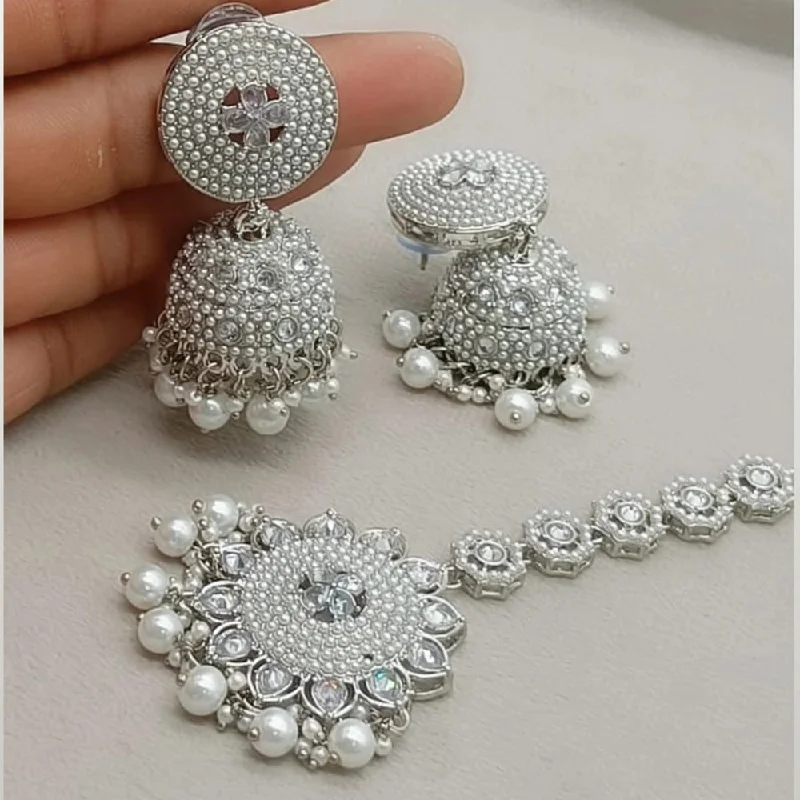 Triangular Drop Earrings for Edge -FS Collection Silver Plated Crystal Stone And Pearls Jhumki With Maangtikka