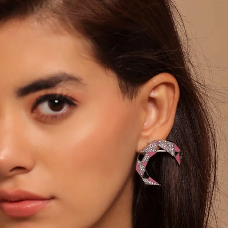 Hypoallergenic Drop Earrings for Sensitive -Gaurish Croissant Silver Plated Pink Enamelled With Stones Stud Earrings