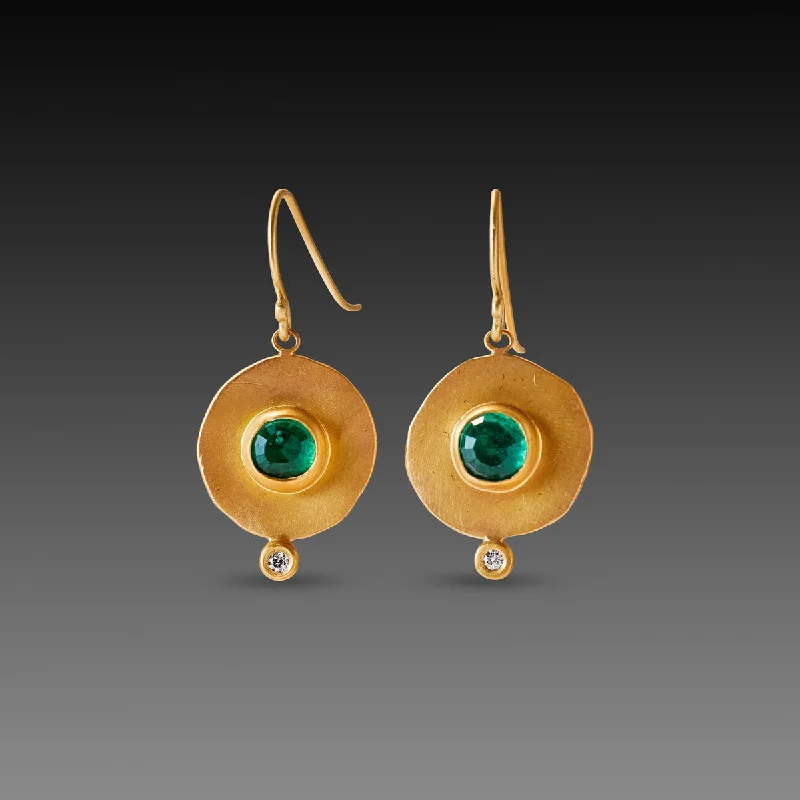 African Drop Earrings with Culture -Hammered Gold Earrings with Emeralds