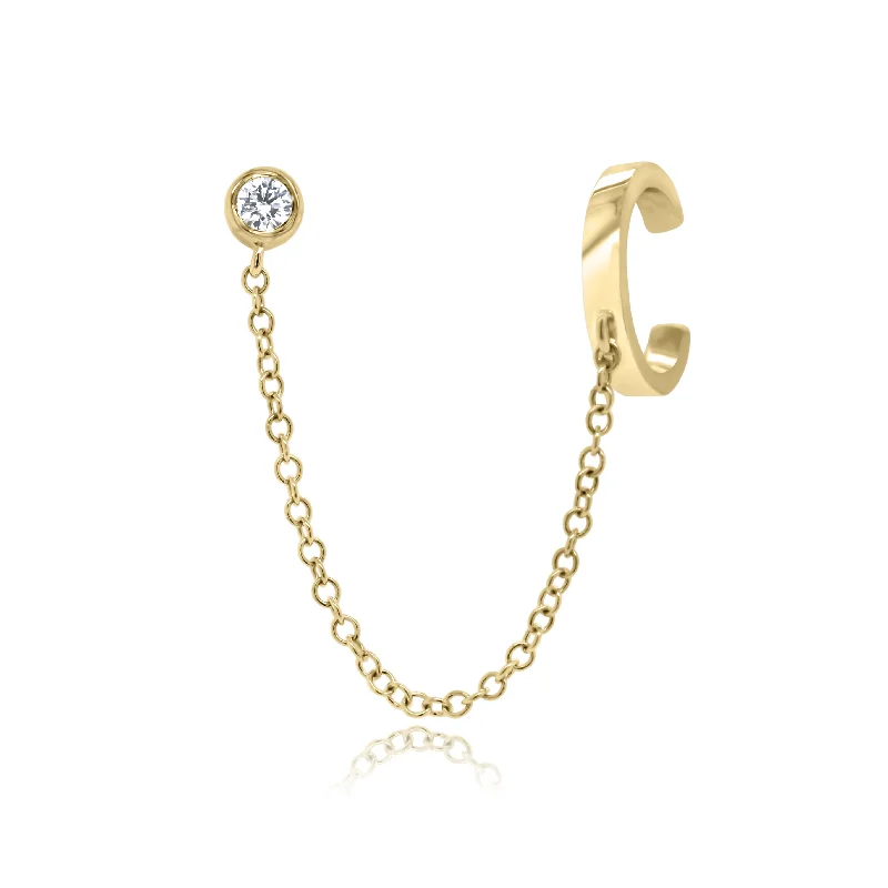 Drop Earrings with Floral Motifs -Gold Ear Cuff with Chain and Bezel-Set Diamond Stud