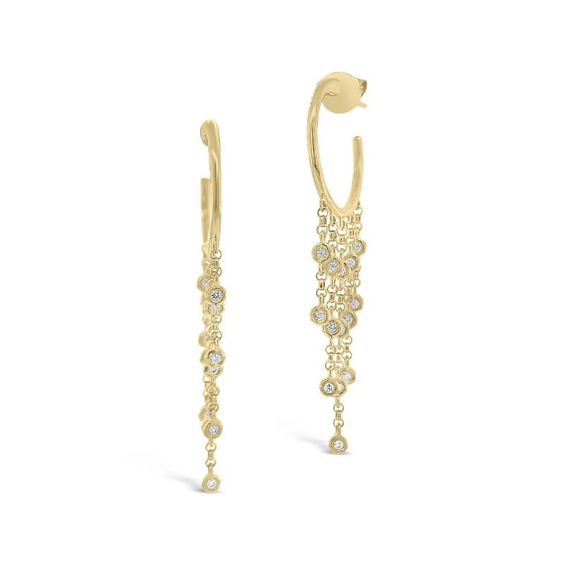 Drop Earrings with Matte Finish -Gold Hoop Earrings with Bezel Set Diamond Drops