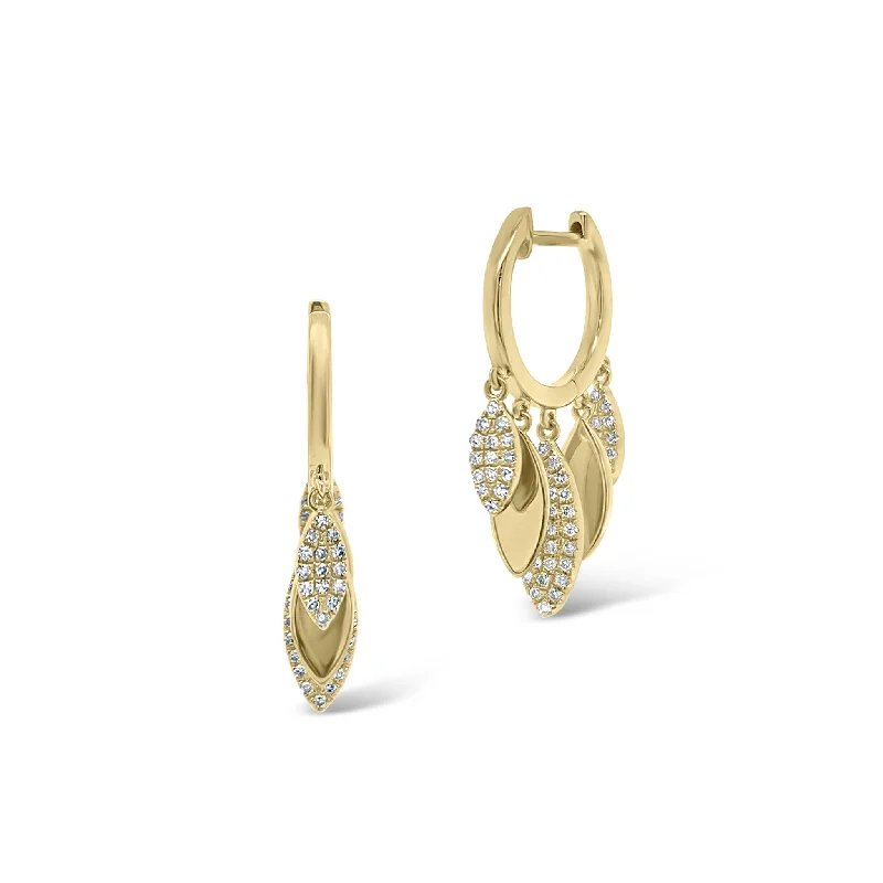 Drop Earrings with Embossed Patterns -Gold Huggies with Diamond Teardrops