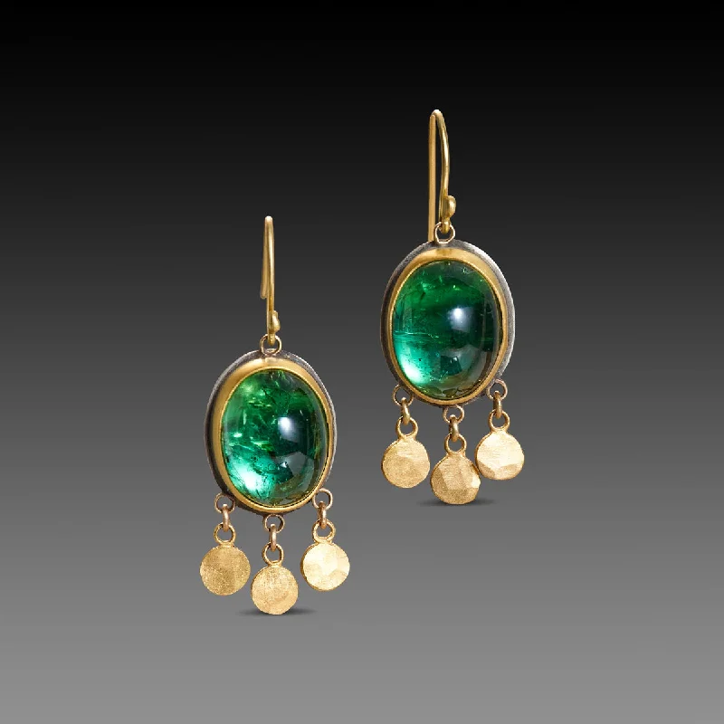 Hippie Drop Earrings with Beads -Green Tourmaline Earrings with Gold Fringe