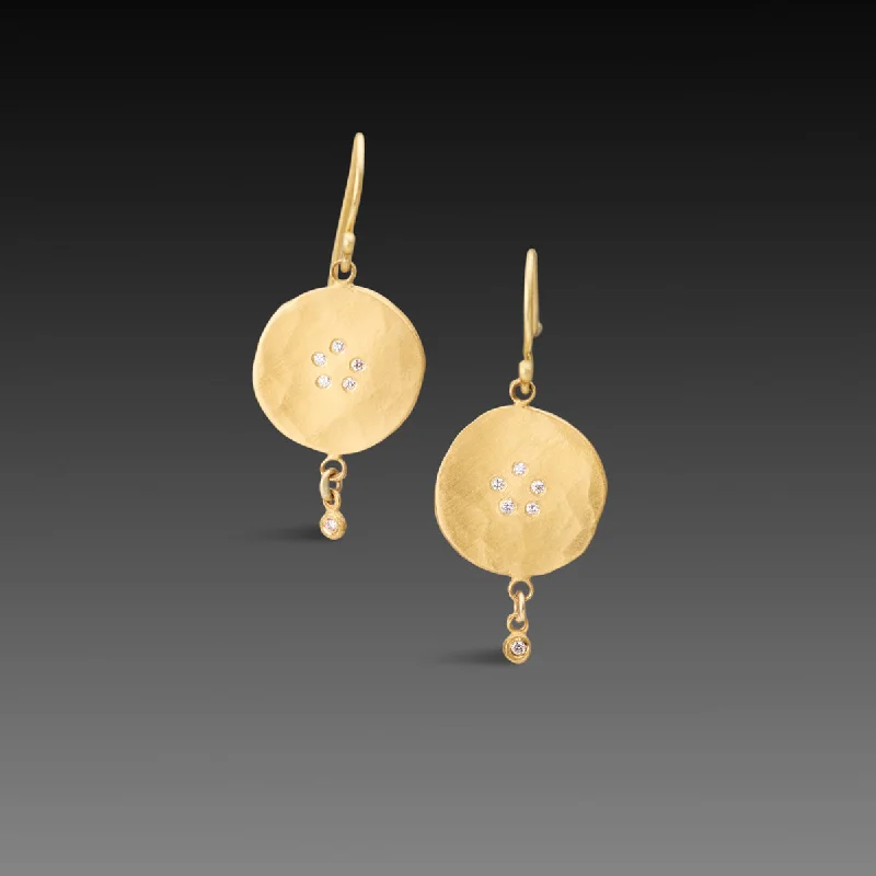 Ethnic Drop Earrings with Tribal Design -Hammered Gold Disk Earrings with Diamonds