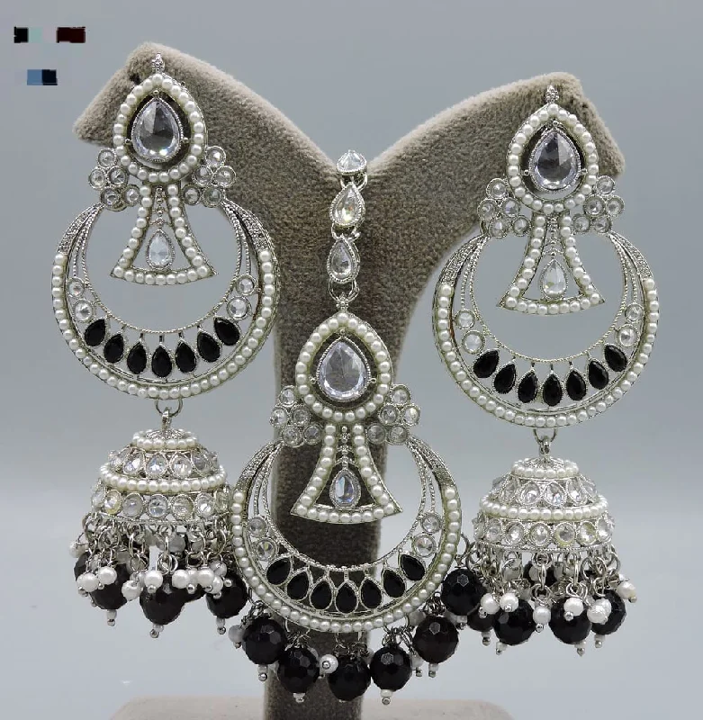 Drop Earrings with Wave Designs -Hira Collection Silver Plated Crystal Stone And Pearls Earring With Maangtikka