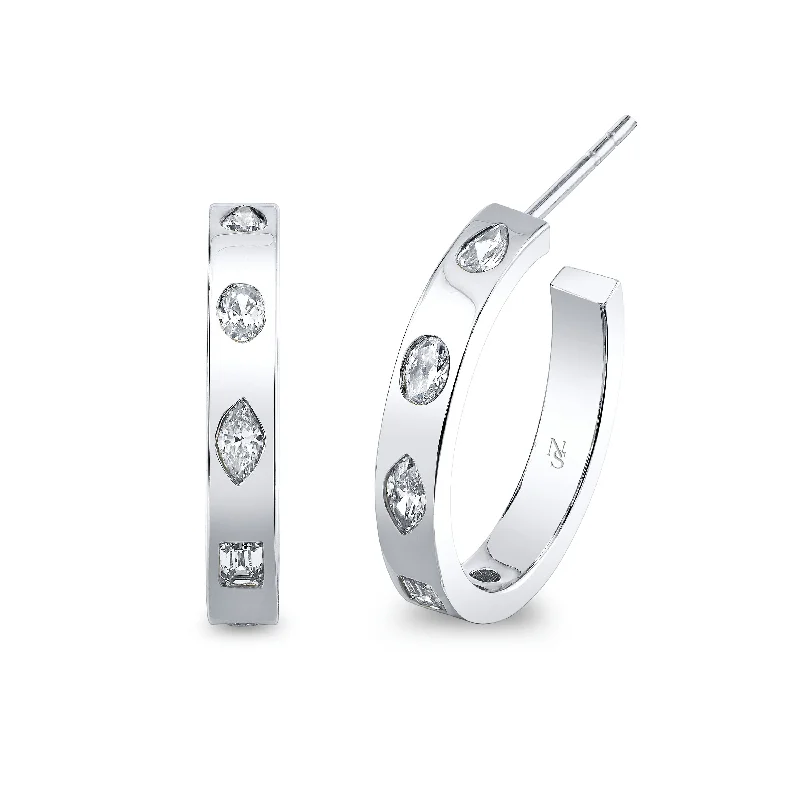 Drop Earrings with Textured Surface -Hoop Earrings with Fancy Shape Diamonds