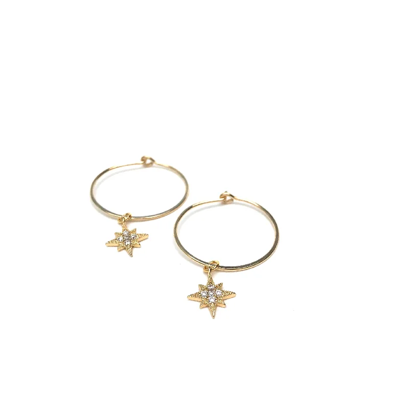 Drop Earrings with Symbolic Elements -HOOP WITH PAVE NORTH STAR