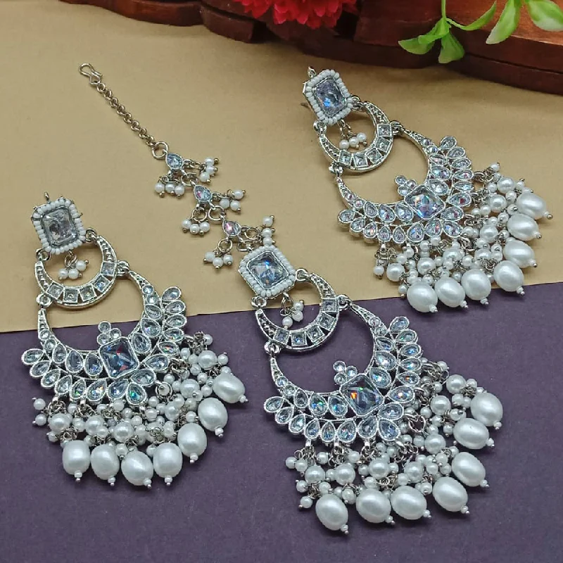 Lead Free Drop Earrings for Health -India Art Silver Plated Crystal Stone Earrings With Maangtikka