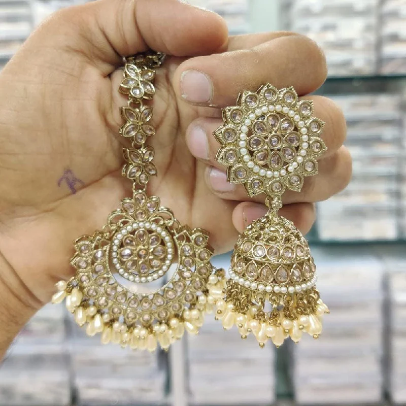 Drop Earrings with Keyhole Designs -Kavita Art Gold Plated Crystal Stone And Pearl Earrings With Mangtikka