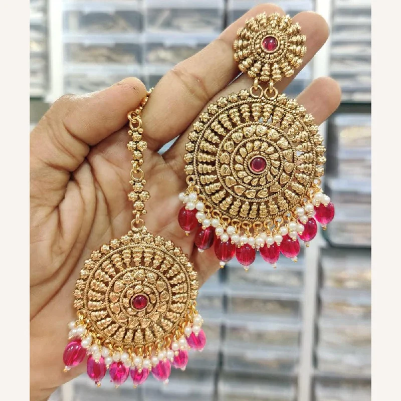 Vintage Drop Earrings with Patina -Kavita Art Gold Plated Pota Stone And Pearls Earrings With Maangtikka