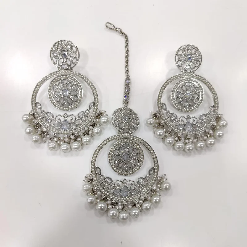 Drop Earrings with Polished Shine -Kavita Art Silver Plated Crystal Stone And Pears Earrings With Maangtikka