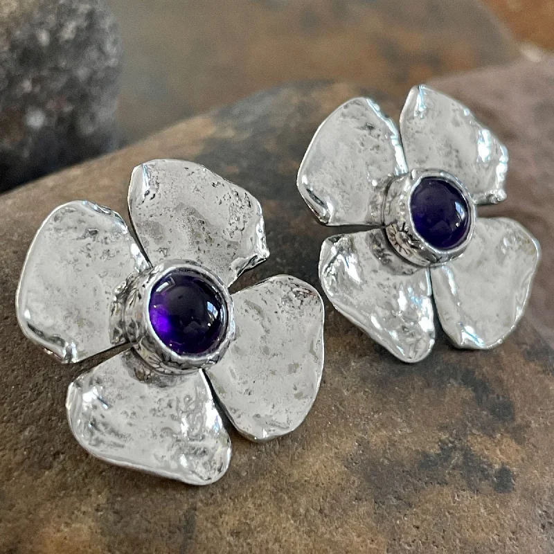 Drop Earrings for Office Wear -Large Flower Earrings with Amethyst