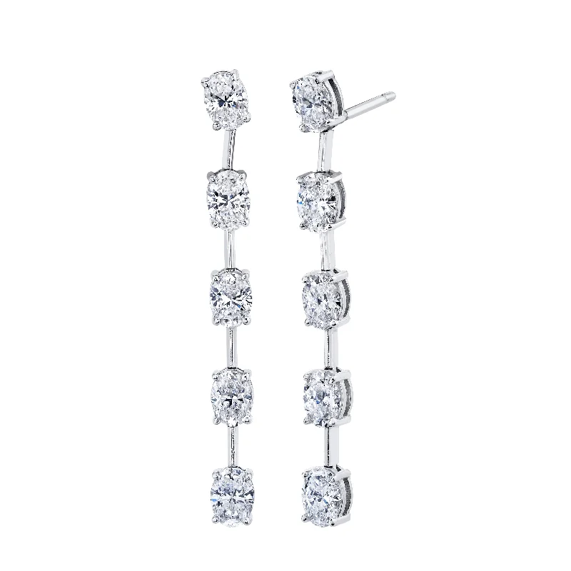 Crystal and Pearl Drop Earrings for Glamour -Linear Dangle Earrings with Oval Cut Diamonds