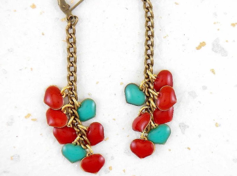 Long Drop Earrings for Dramatic -Long earrings with 7 small cascading red and turquoise enamelled brass hearts, aluminum chain, brass lever back hooks