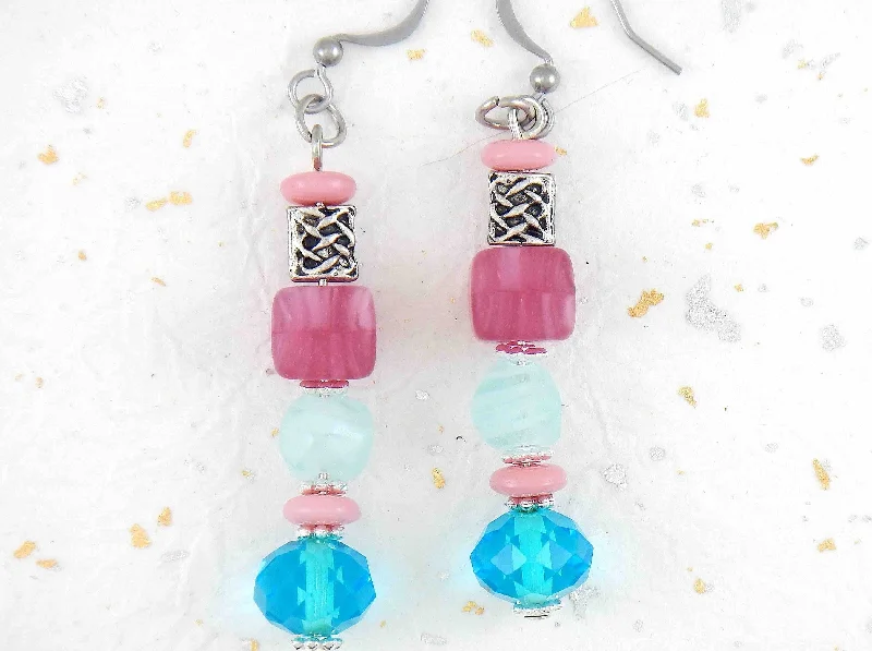 Crystal Drop Earrings for Sparkle -Long earrings with frosted pink cubes, frosted blue and faceted turquoise balls, stainless steel hooks