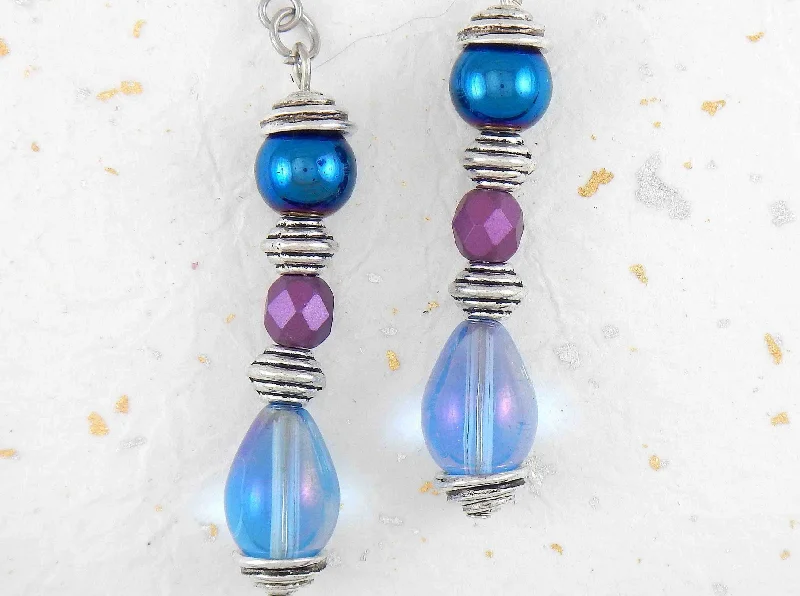 Small Drop Earrings for Delicate -Long earrings with iridescent blue teardrops, metallic blue and faceted mauve balls, stainless steel hooks