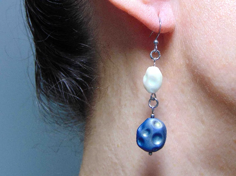 Large Drop Earrings for Statement -Long earrings with matte indigo blue and iridescent white vintage glass craters beads, stainless steel hooks