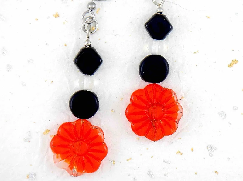 Gold Drop Earrings for Women -Long earrings with orange flowers, matte black pellets and shiny black lozenges, stainless steel hooks