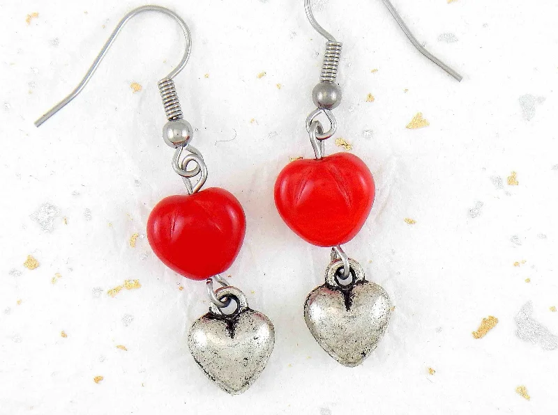 Drop Earrings with Wave Designs -Long earrings with plump pewter hearts and bright red glass hearts, stainless steel hooks