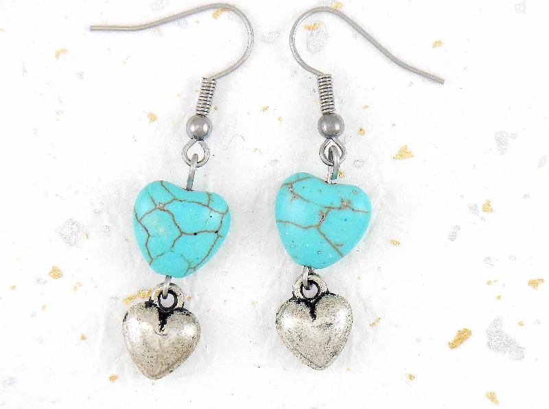 Drop Earrings with Vine Designs -Long earrings with plump pewter hearts and turquoise hearts, stainless steel hooks