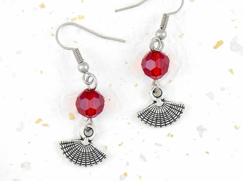 Drop Earrings for Beach Outfit -Long earrings with tiny pewter fans and red crystal balls, stainless steel hooks