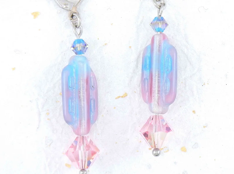 Heart Shaped Drop Earrings for Love -Long earrings with vintage West-German pink and blue glass beads, matching Swarovski crystals, stainless steel lever back hooks