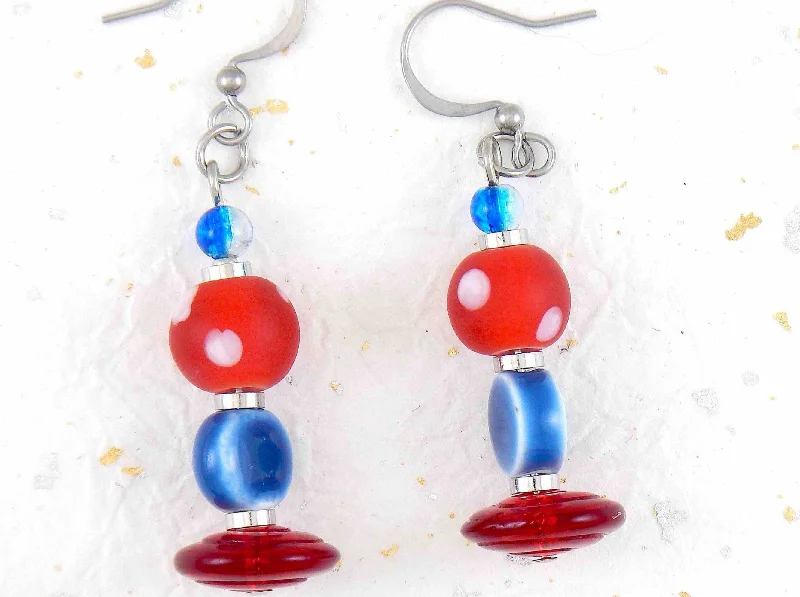 Silver Drop Earrings for Men -Long earrings with white dotted red balls, blue pellets and translucent red disks, stainless steel hooks