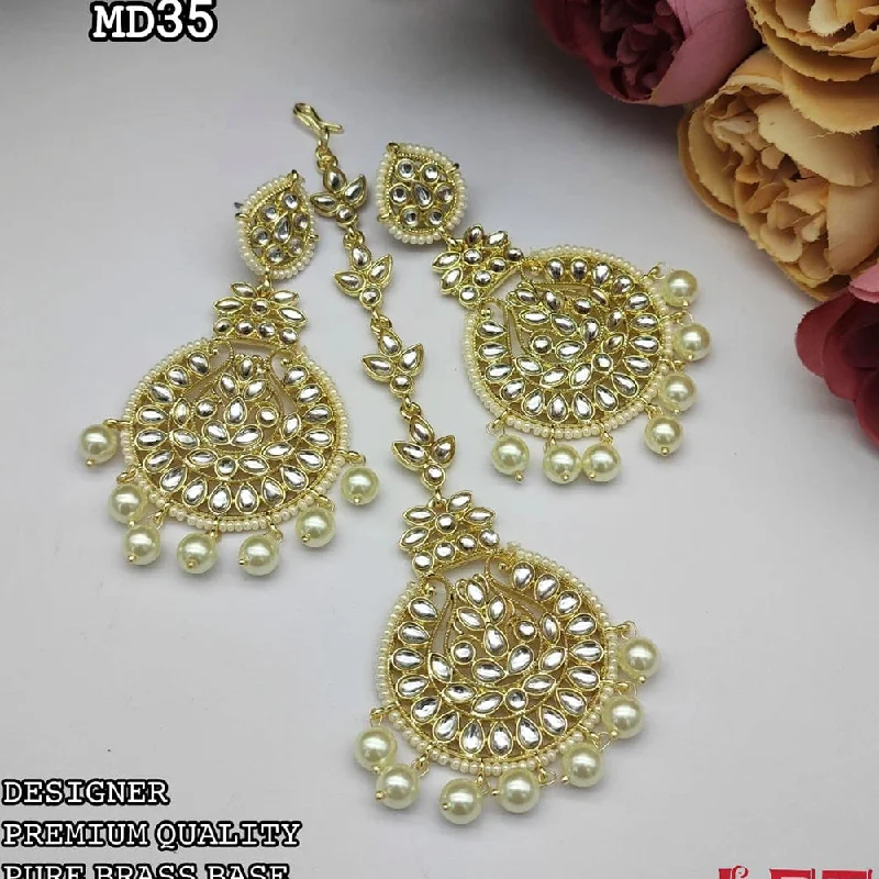 Drop Earrings for Shopping Trip -Lucentarts Gold Plated Kundan Stone & Beads Earring With Mangtikka