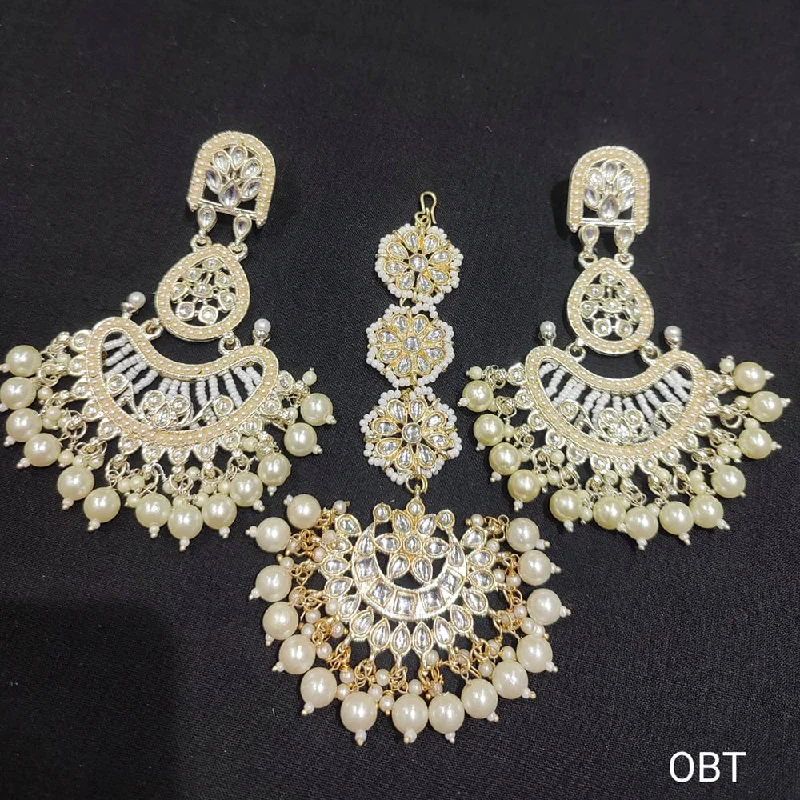 Drop Earrings with Etched Designs -Lucentarts Jewellery Gold Plated kundan & Beads Earrings With Maangtikka