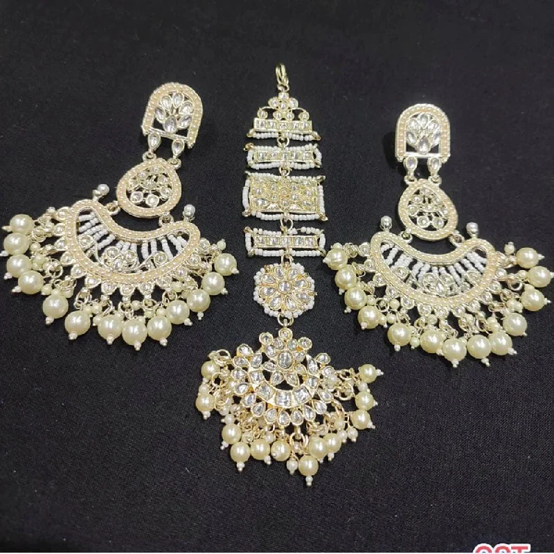 Drop Earrings with Abstract Designs -Lucentarts Jewellery Gold Plated Kundan & Beads Earrings With Maangtikka