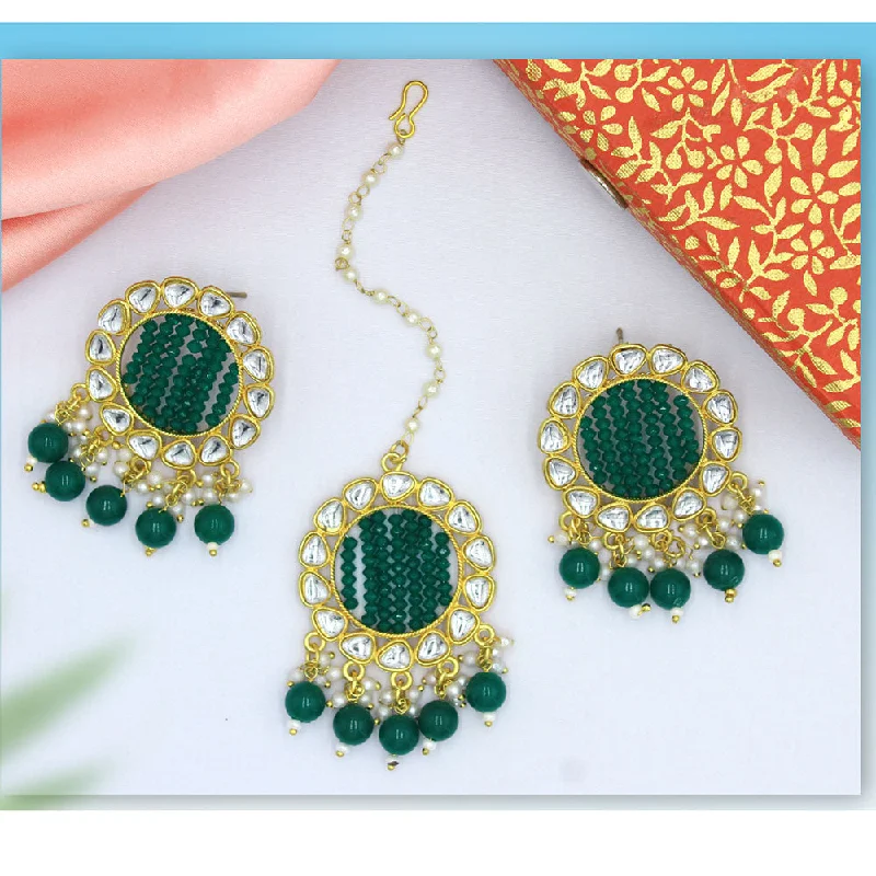 Lightweight Drop Earrings for All Day -Mahavir Gold Plated Kundan & Beads Earrings With Maangtikka