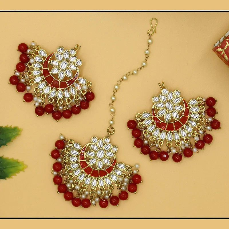 Heavy Duty Drop Earrings for Durability -Mahavir Gold Plated Kundan & Meenakari Earrings With Maangtikka