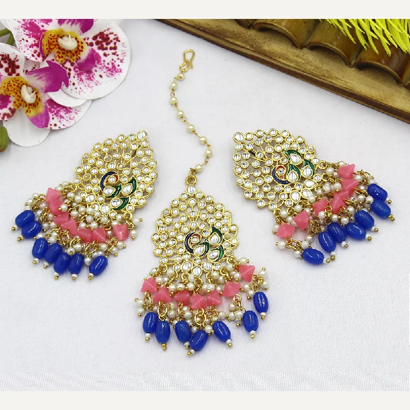 Drop Earrings with Polished Shine -Mahavir Gold Plated Kundan Stone Earrings With Maangtikka