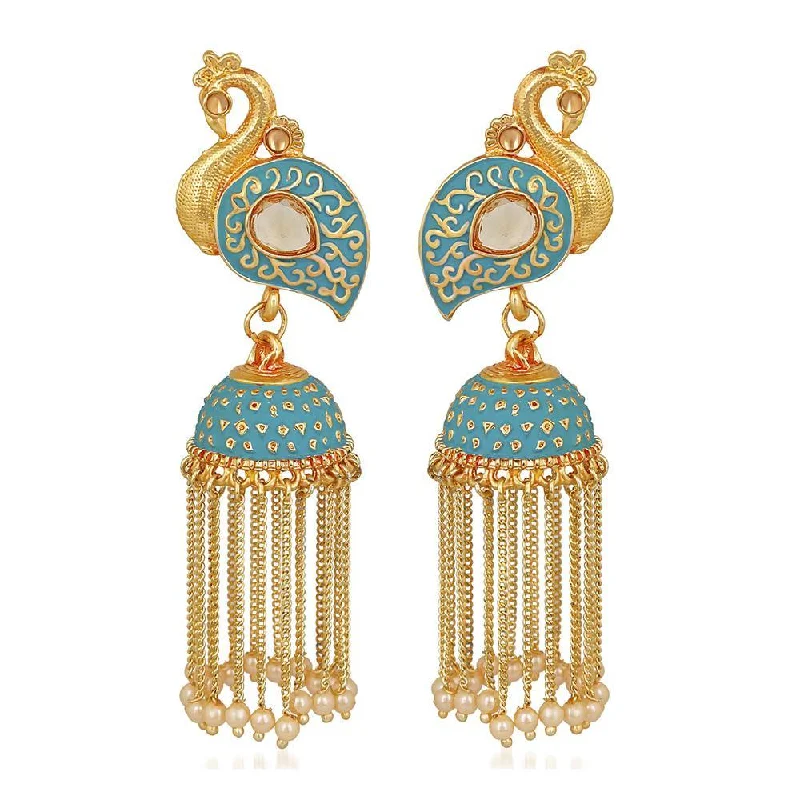 Triangular Drop Earrings for Edge -Mahi Blue Meenakari work Peacock Shaped Tassel Chain Jhumki Earrings with Artificial Pearl for Women (ER1109745GBlu)