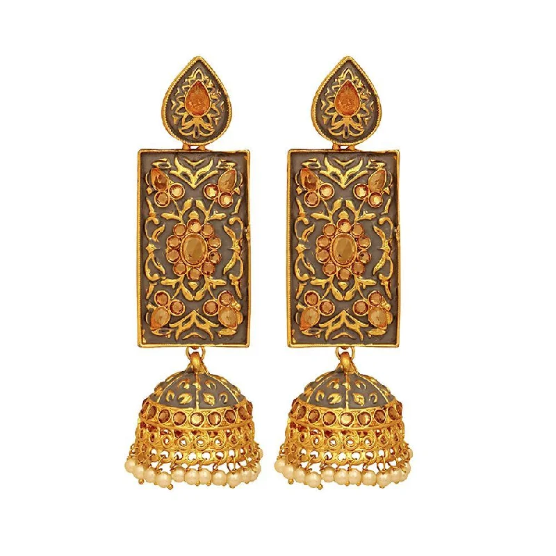 Silver Drop Earrings for Men -Mahi Brown Meenakari Work Enamelled Rectangular Dangle Jhumka Earrings with Artificial Pearl for Women (ER1109715GBro)