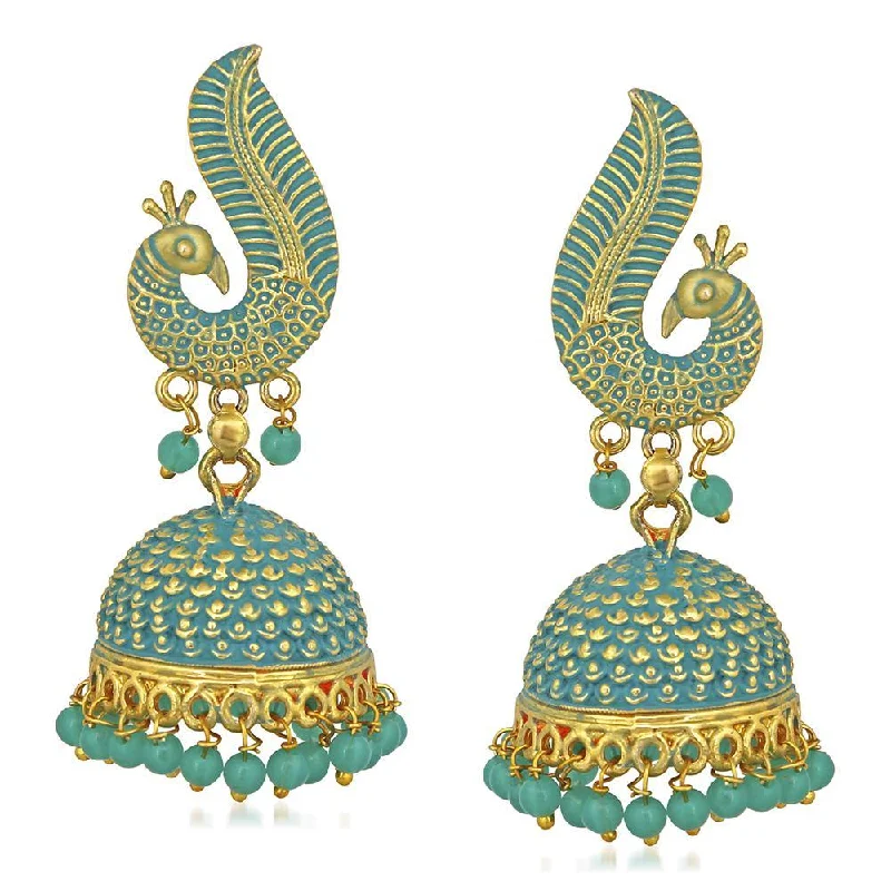 Heart Shaped Drop Earrings for Love -Mahi Gold Tone Blue Meenakari work Blooming Peacock Shaped Jhumki Earrings with Artificial Pearl for Women (ER1109735GBlu)