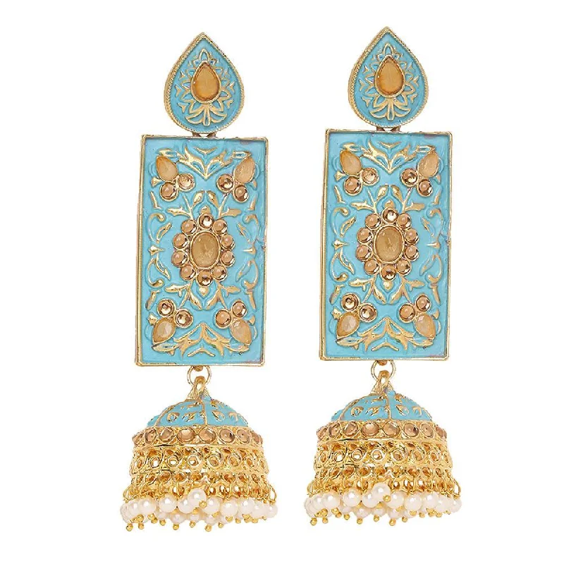 Gemstone Drop Earrings for Color -Mahi Light Blue Meenakari Work Enamelled Rectangular Dangle Jhumka Earrings with Artificial Pearl for Women (ER1109741GLBlu)