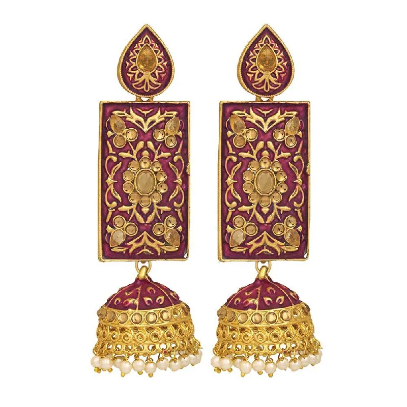 Gold Drop Earrings for Women -Mahi Maroon Meenakari Work Enamelled Rectangular Dangle Jhumka Earrings with Artificial Pearl for Women (ER1109714GMrn)