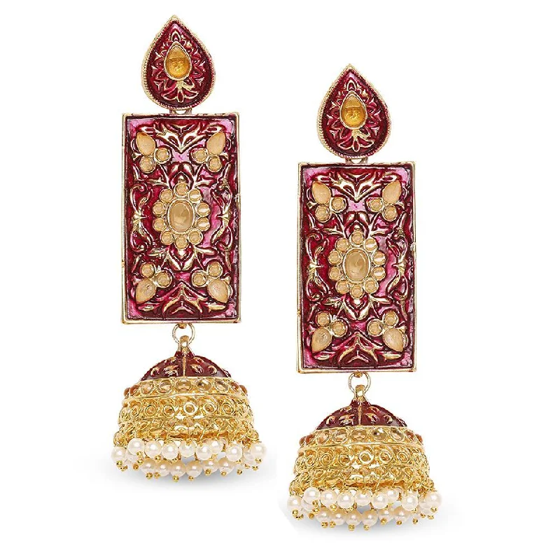 Crystal Drop Earrings for Sparkle -Mahi Red Meenakari Work Enamelled Rectangular Dangle Jhumka Earrings with Artificial Pearl for Women (ER1109742GRed)