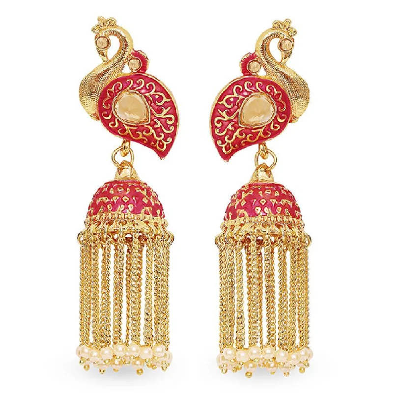 Star Shaped Drop Earrings for Charm -Mahi Red Meenakari work Peacock Shaped Tassel Chain Jhumki Earrings with Artificial Pearl for Women (ER1109740GRed)