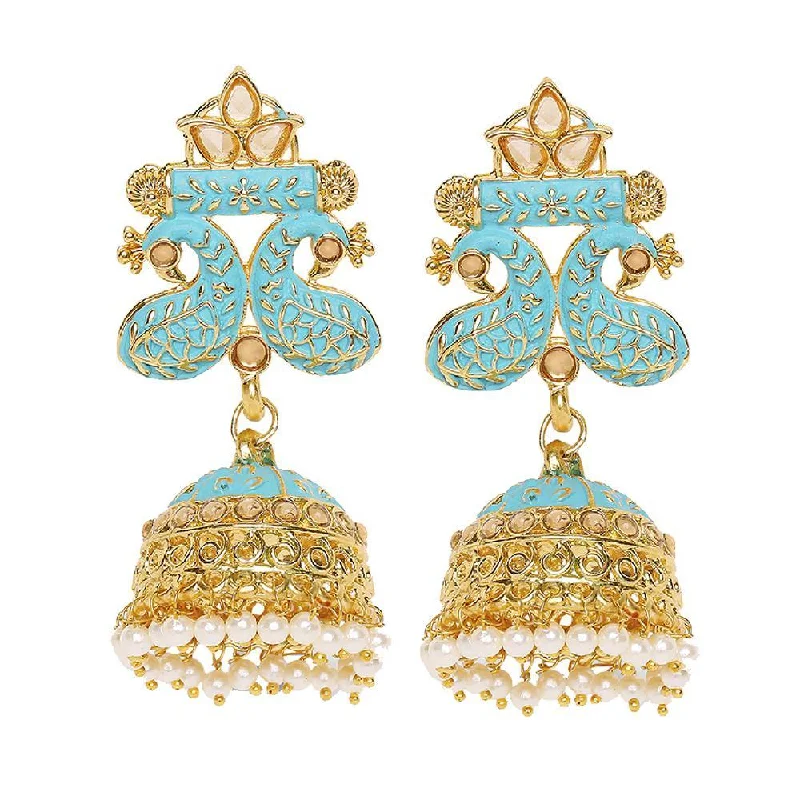 Small Drop Earrings for Delicate -Mahi Traditional Blue Meenakari work Peacock Jhumki Earrings with Artificial Pearls for Women (ER1109724GLBlu)