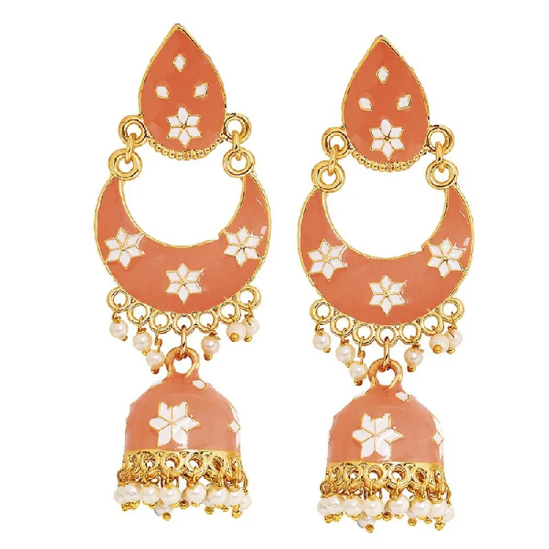 Short Drop Earrings for Subtle -Mahi Traditional Ethnic Carrot Pink Meenakari work Dangler Chandbali Jhumki Earrings with Artificial Pearl for Women (ER1109727GCrt)