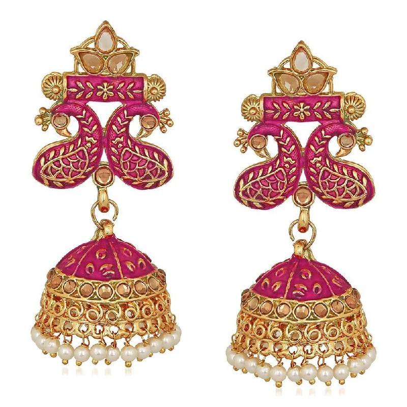 Long Drop Earrings for Dramatic -Mahi Traditional Pink Meenakari work Peacock Jhumki Earrings with Artificial Pearls for Women (ER1109726GPin)