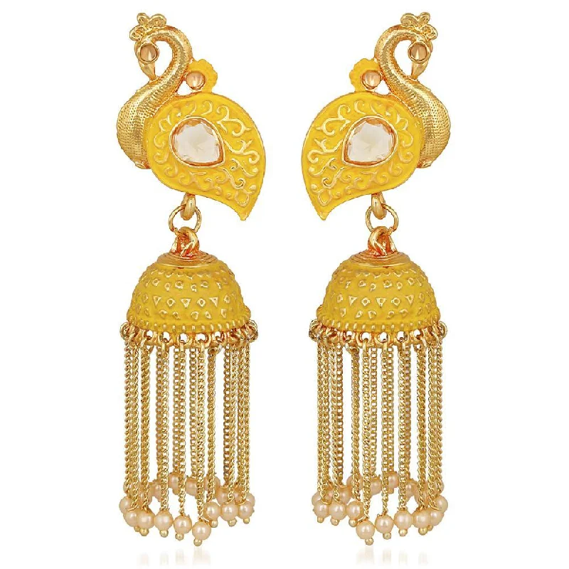 Oval Drop Earrings for Grace -Mahi Yellow Meenakari work Peacock Shaped Tassel Chain Jhumki Earrings with Artificial Pearl for Women (ER1109744GYel)