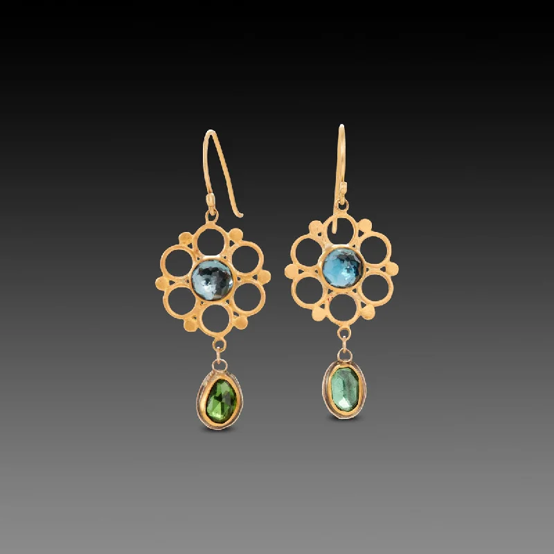 Hypoallergenic Drop Earrings for Sensitive -Mandala Earrings with Topaz & Tourmaline