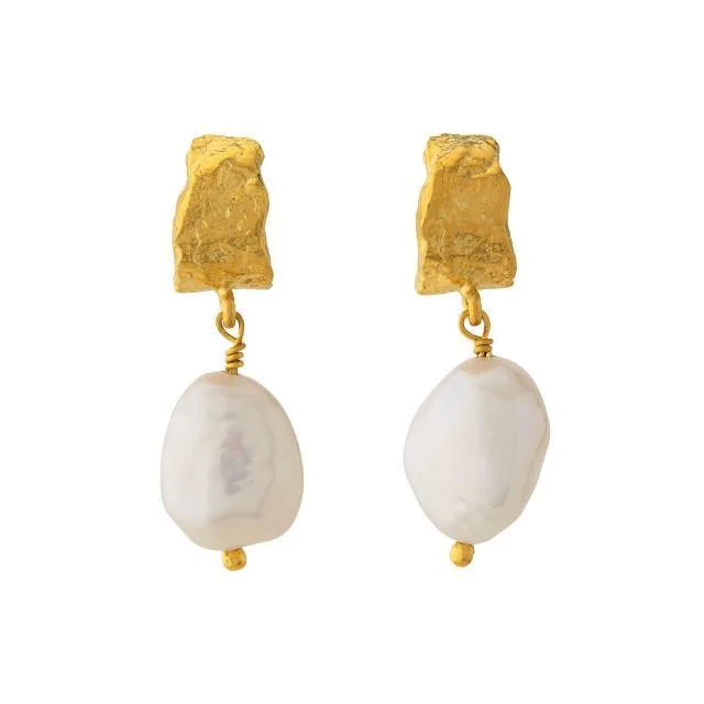 Drop Earrings with Enamel Coating -Alex Monroe Bark Huggie Hoops with Baroque Pearl Drops