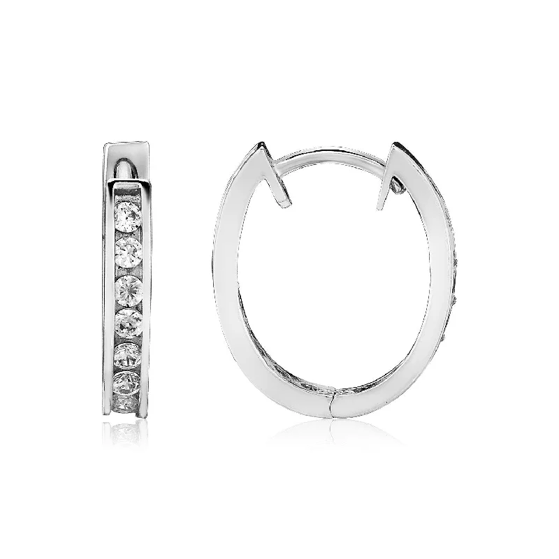 Drop Earrings with Leaf Motifs -Sterling Silver Oval Hoop Earrings with Cubic Zirconias