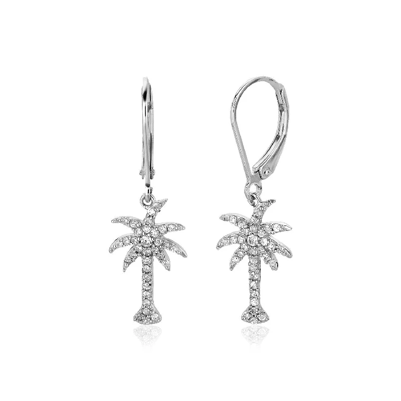 Drop Earrings with Star Motifs -Sterling Silver Palm Tree Dangle Earrings with Cubic Zirconias