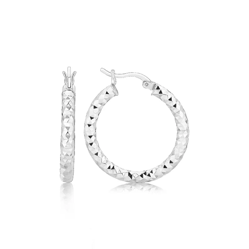 Drop Earrings with Vine Designs -Sterling Silver Faceted Style Hoop Earrings with Rhodium Finishing