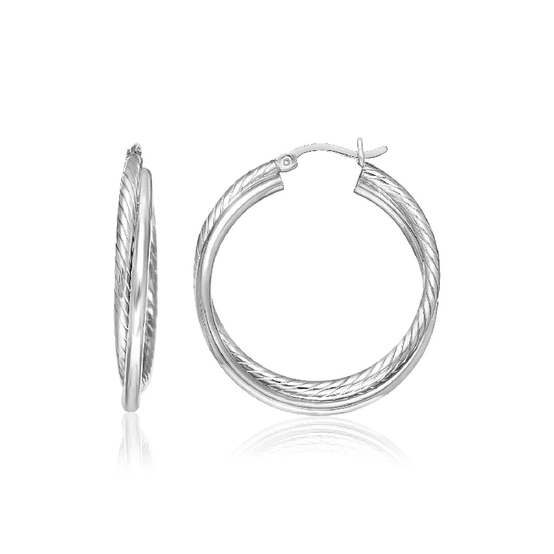 Drop Earrings with Chevron Designs -Sterling Silver Ridged Hoop Earrings with Textured Design